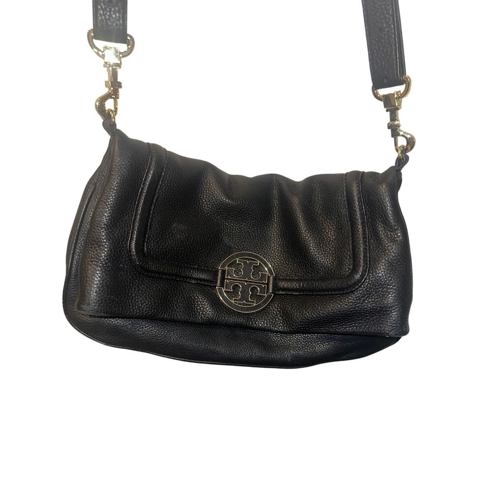 ⭐️ Tory Burch Amanda Foldover Black Pebbled Leather Crossbody Purse Preppy
